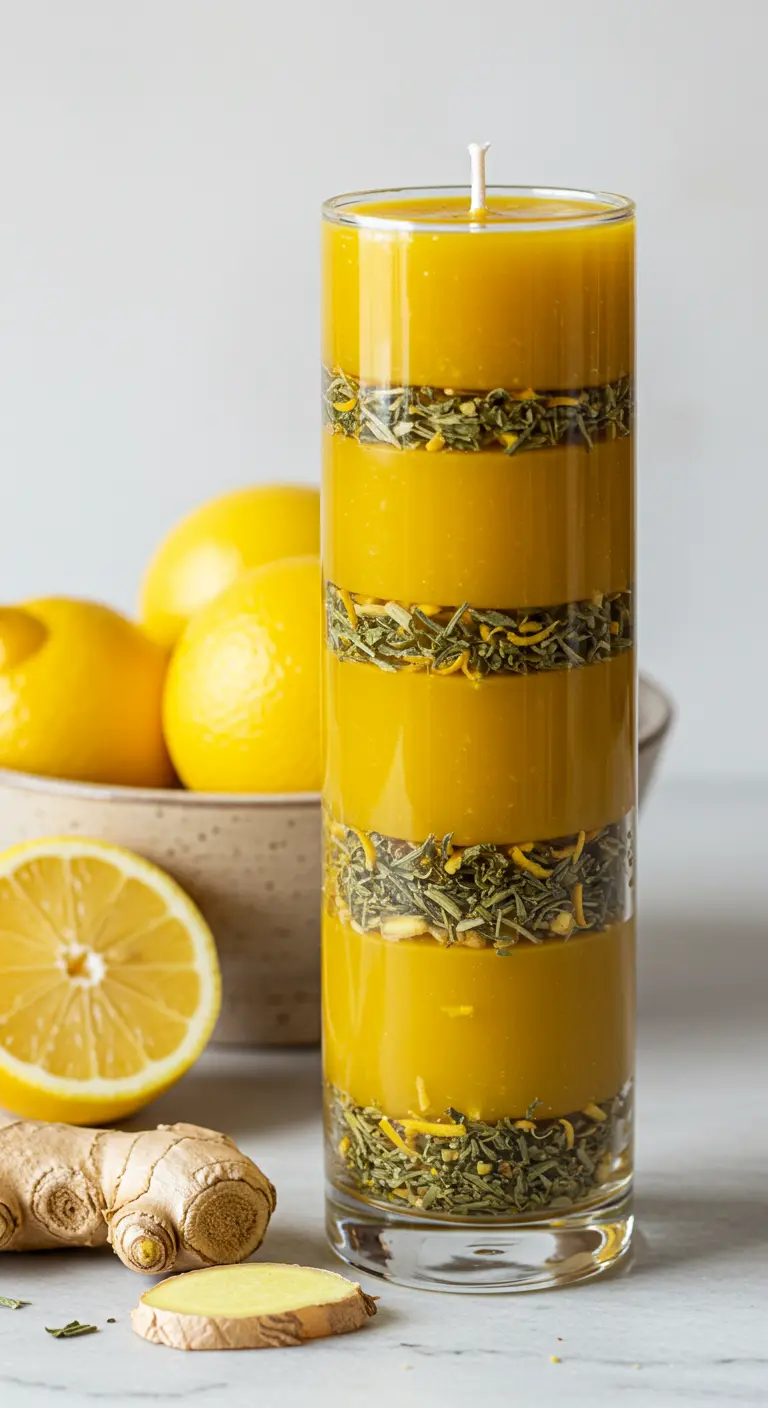 Vela alta de cera de abeja en vaso de cristal, con capas horizontales de hierbas secas verdes.