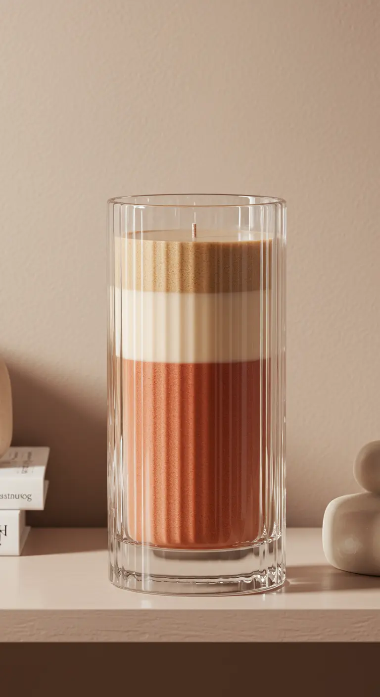 Vela con tres capas de colores tierra en un vaso alto de cristal acanalado