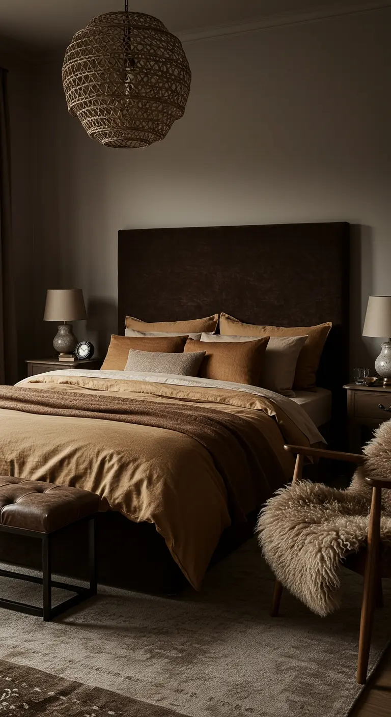 Dormitorio oscuro con cama con múltiples capas de cojines y mantas en tonos tierra.