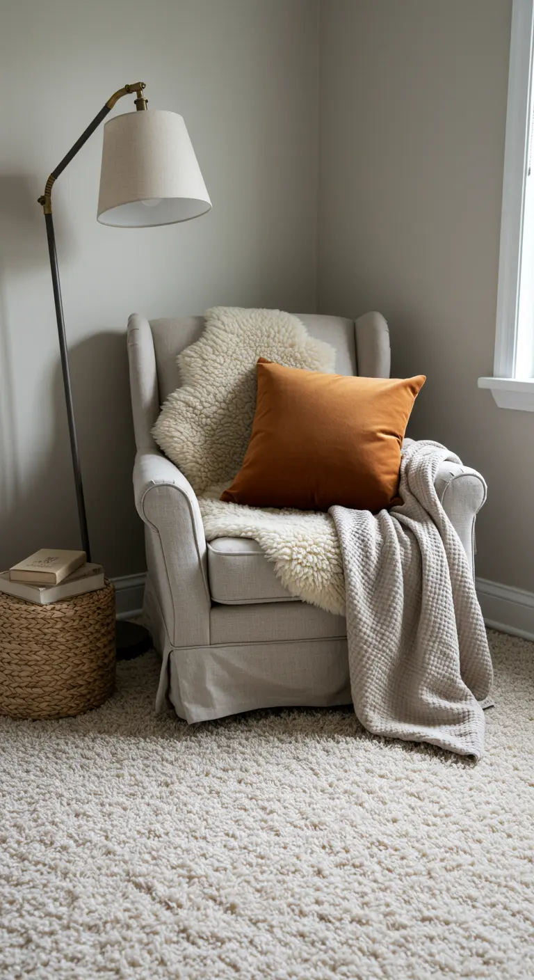 Sillón orejero de color crema con piel de oveja, cojín naranja y alfombra de pelo alto.