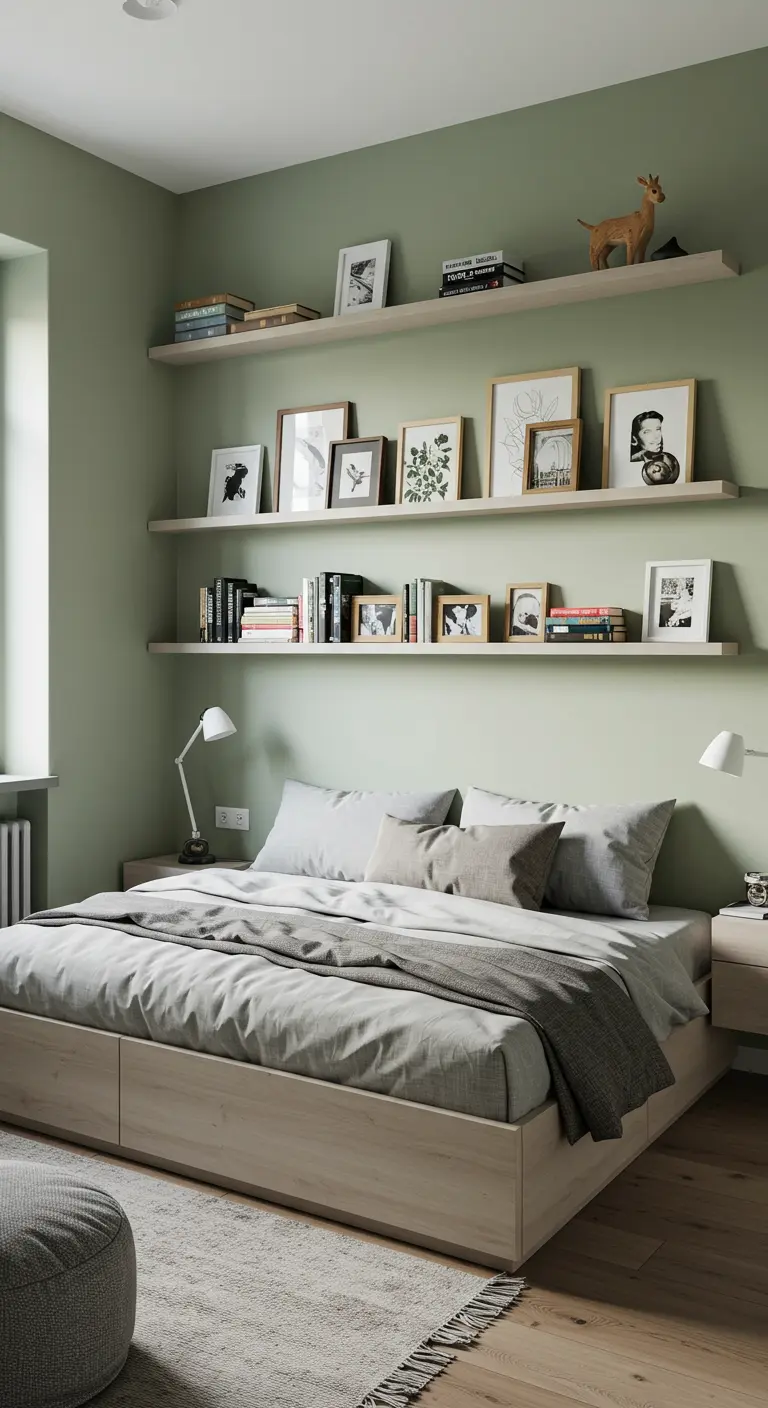 Tres estanterías flotantes blancas superpuestas sobre la cama en una pared verde salvia.