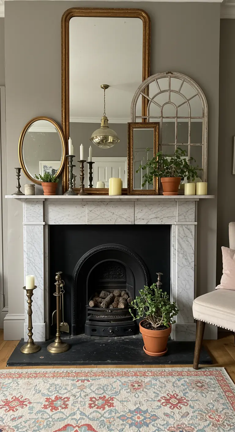 Varios espejos de diferentes formas y tamaños apoyados y superpuestos en una repisa de chimenea