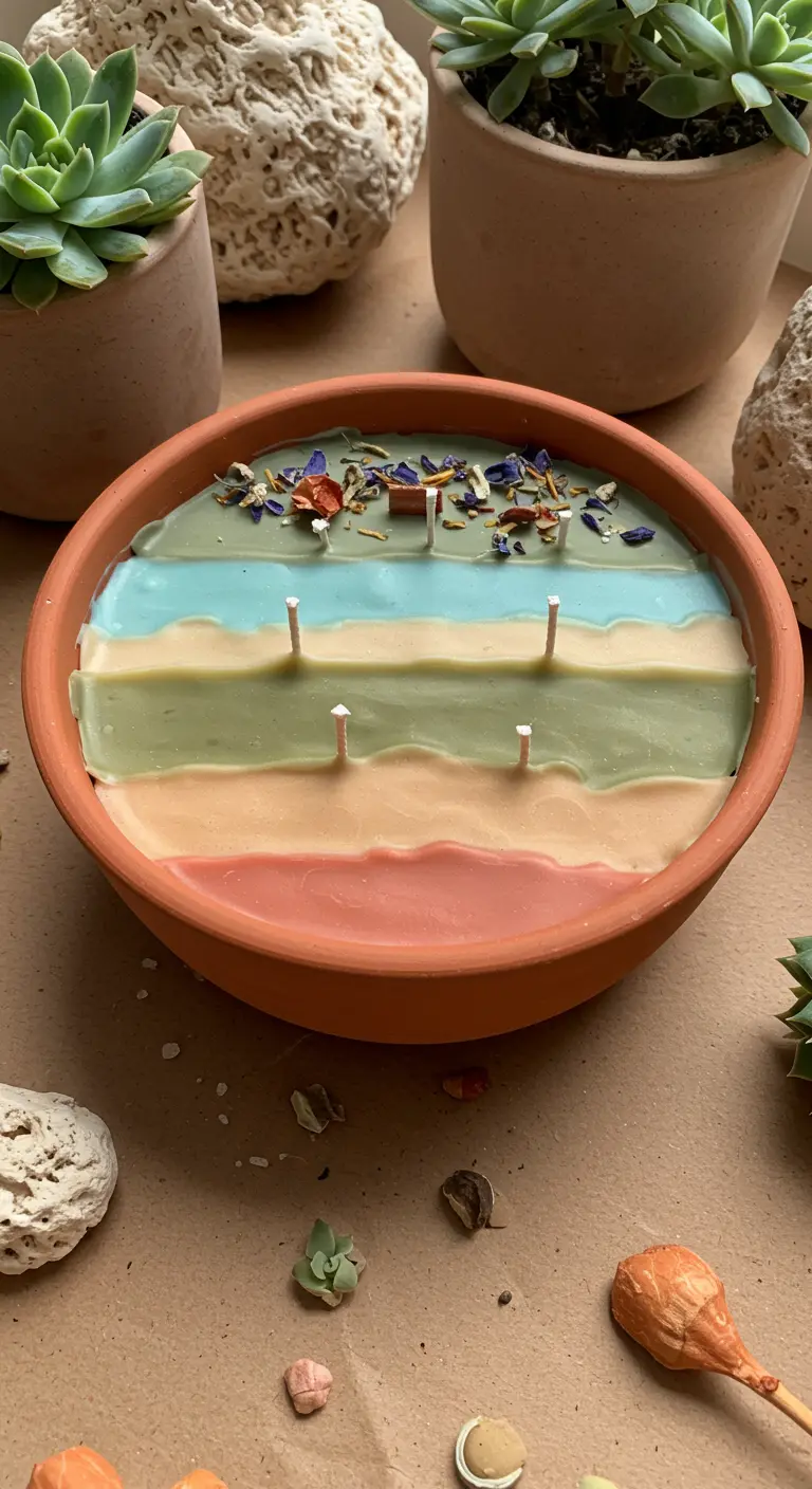 Vela de varias mechas en una maceta de terracota con capas de colores tierra y flores secas.