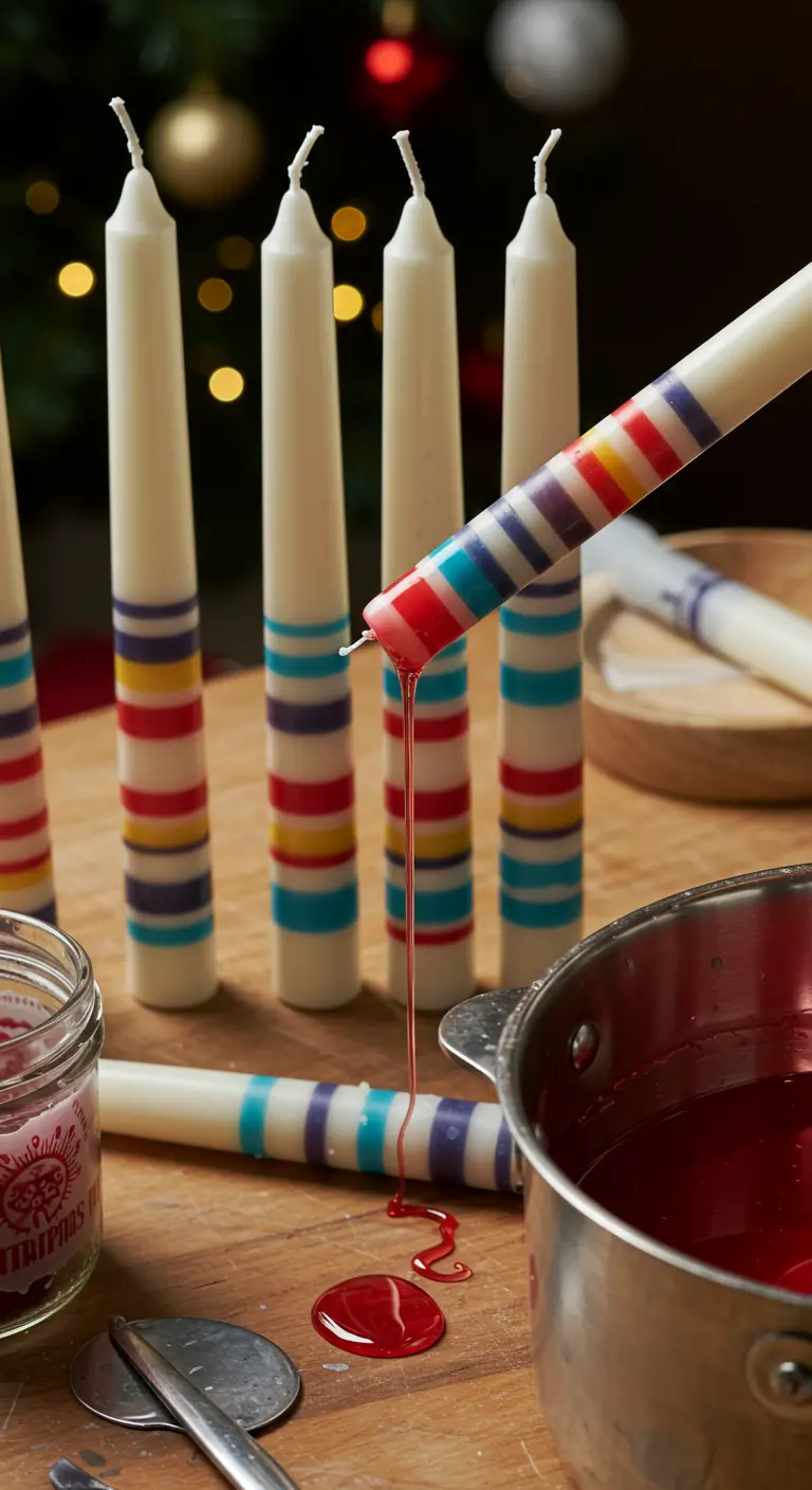 Velas cónicas blancas siendo sumergidas en cera de colores para crear franjas de arcoíris.