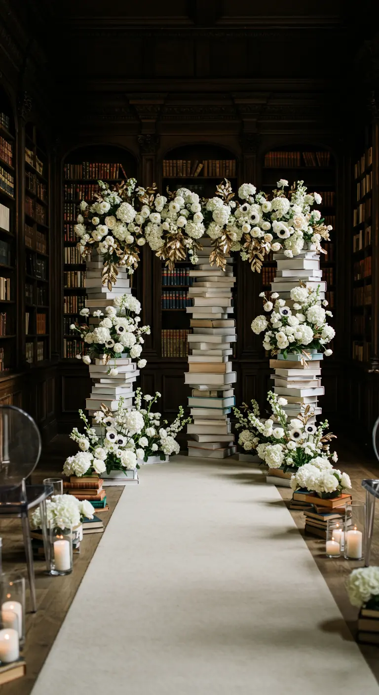 Arco de boda original hecho con columnas de libros apilados y coronado con flores blancas.