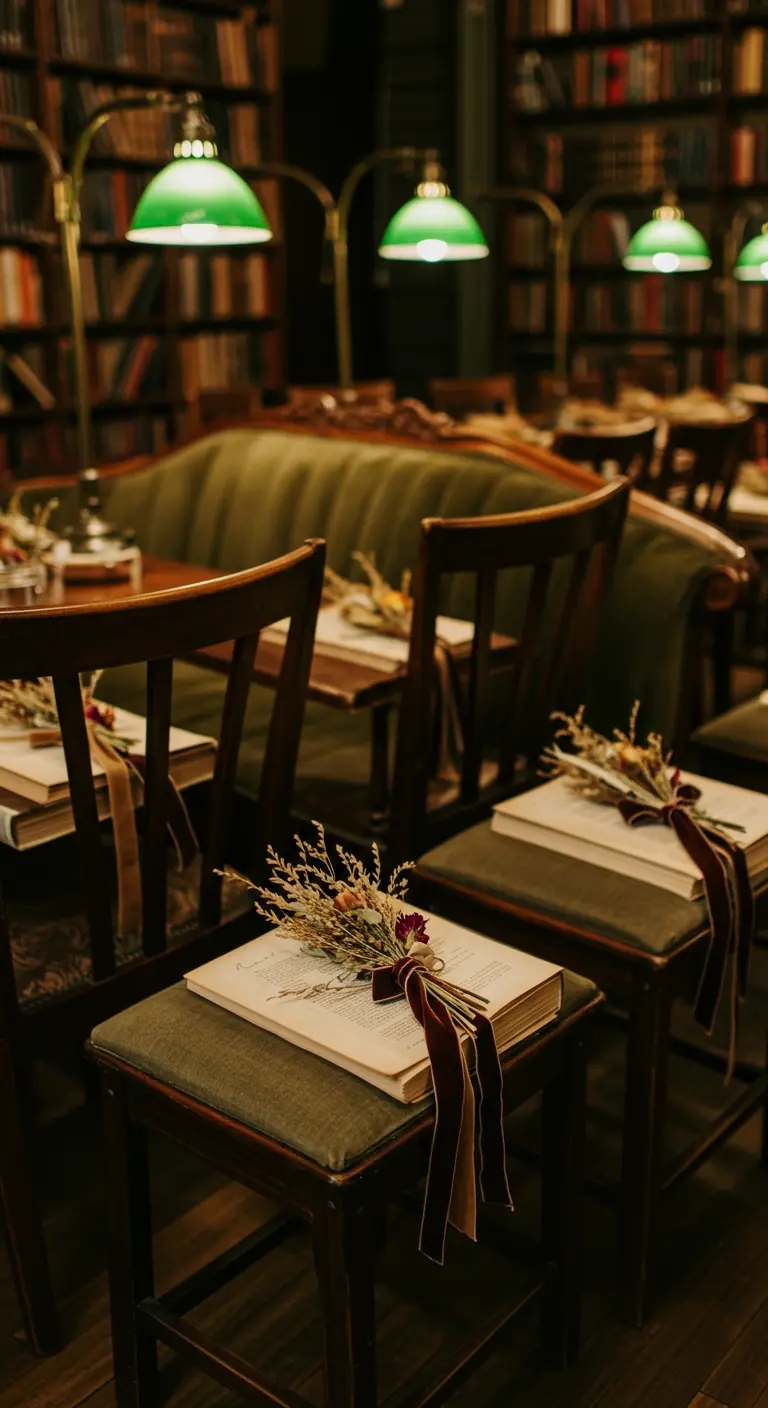 Sillas de biblioteca con un libro antiguo atado con una cinta y flores secas.