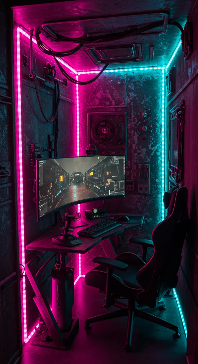 Un pequeño estudio de gaming dentro de un espacio estrecho con estética cyberpunk y luces de neón.