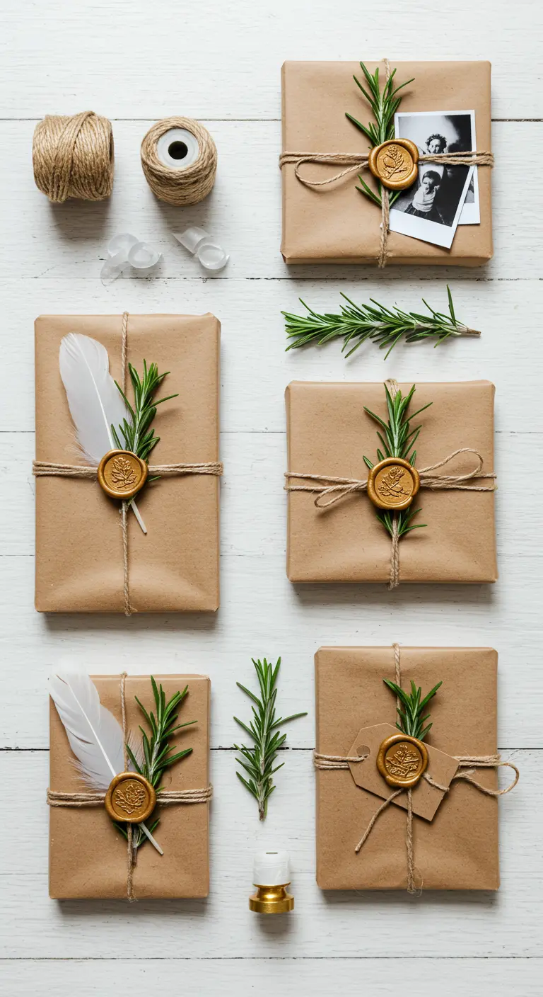 Regalos en papel kraft decorados con romero, sellos de cera, fotos y plumas.