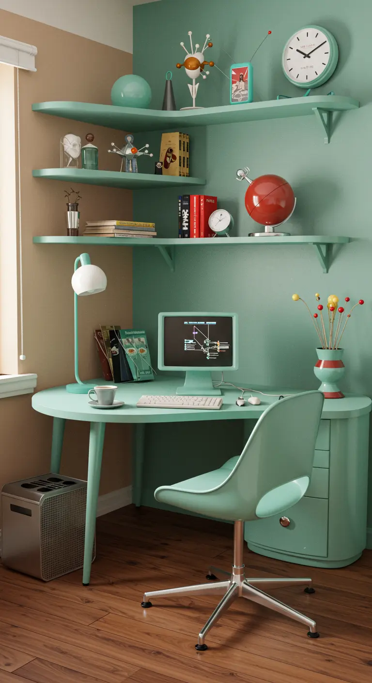 Oficina de estilo retro de los años 50 en tonos pastel, con escritorio curvo y decoración atómica.