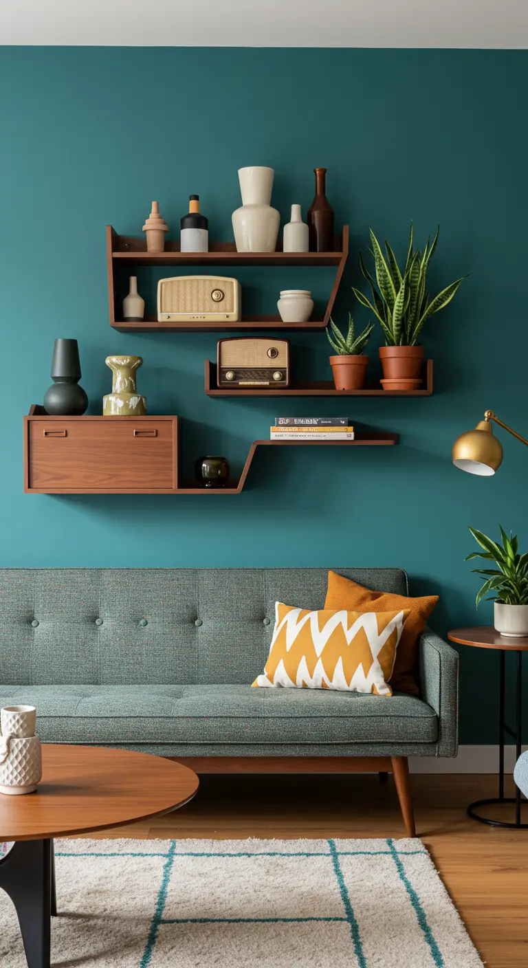 Estanterías flotantes asimétricas de madera sobre una pared turquesa, estilo mid-century modern.