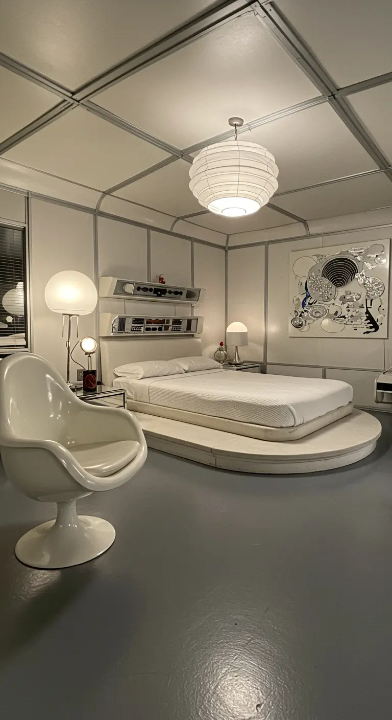 Dormitorio futurista de los 70 con cama integrada en una plataforma y mobiliario curvo blanco.
