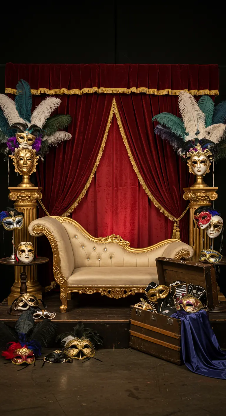 Rincón para fotos con cortina de terciopelo rojo, un diván dorado y un baúl lleno de máscaras.