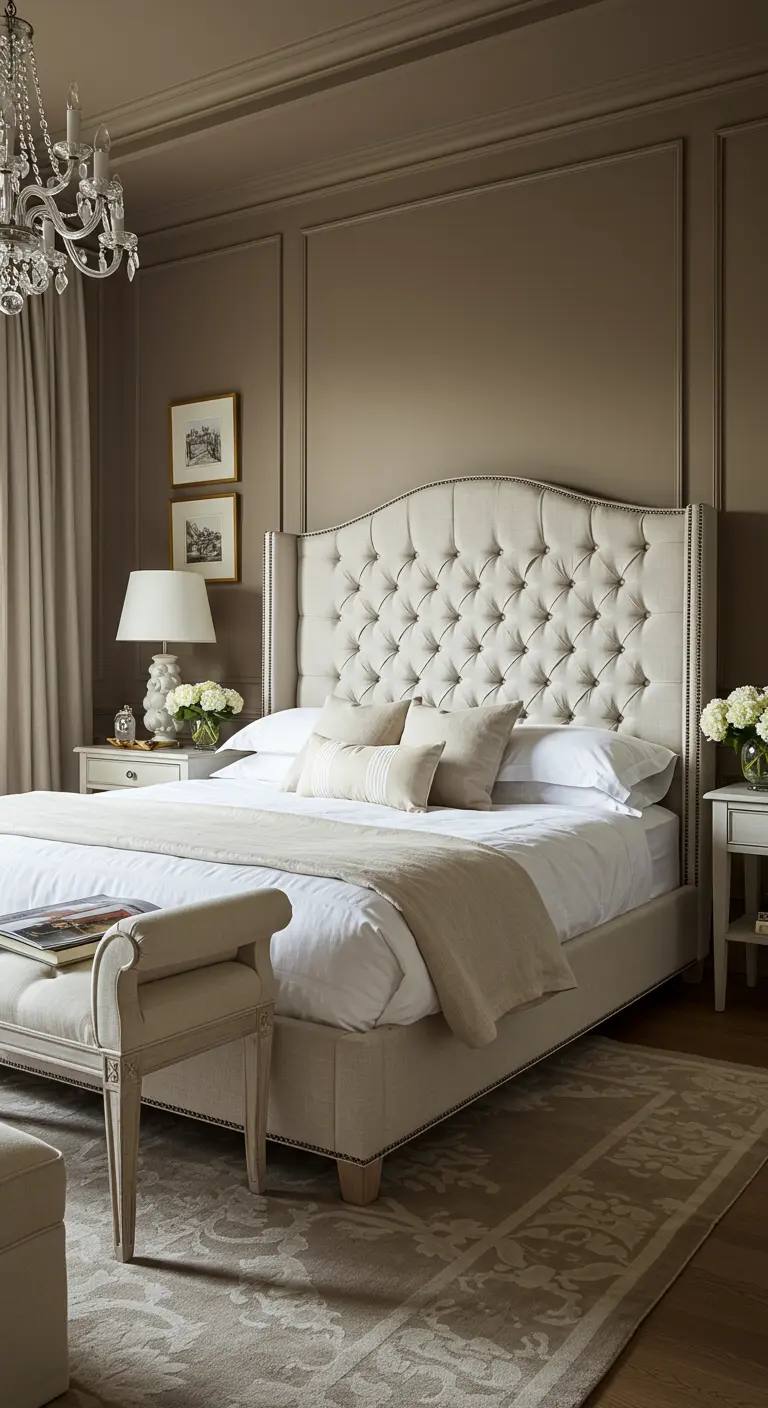 Dormitorio clásico con cabecero capitoné beige, paredes capuchino y alfombra persa.