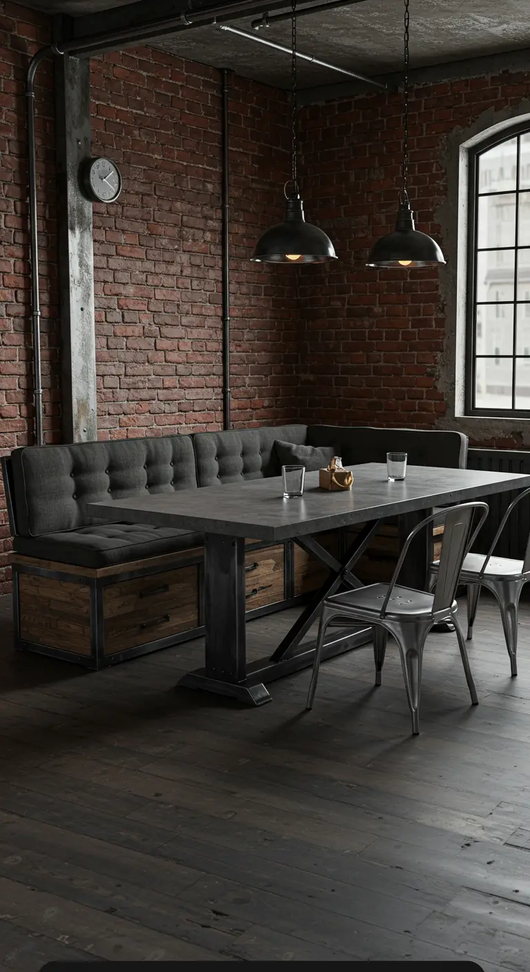 Comedor industrial con banco de madera y metal, pared de ladrillo y cojines capitoné grises.