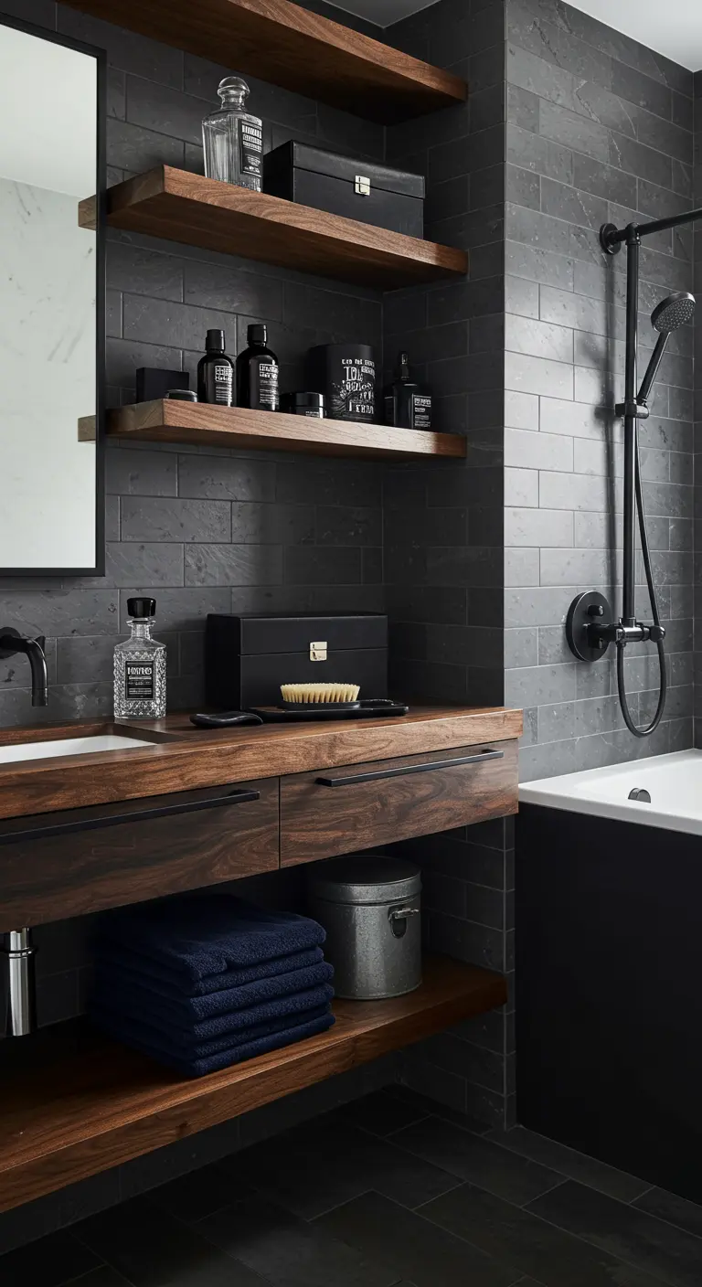 Baño masculino con estanterías de madera oscura y azulejos negros.