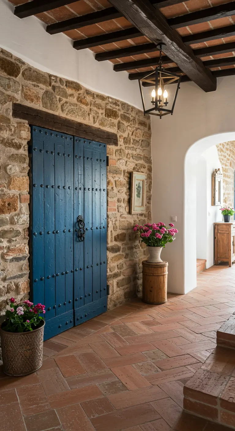 Entrada rústica con pared de piedra, puerta doble azul con remaches y suelo de terracota.