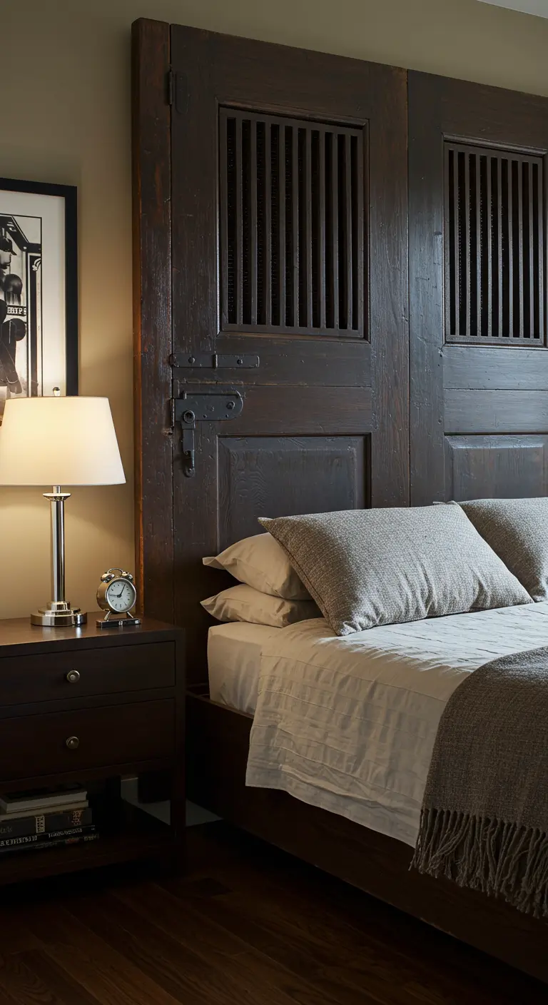 Cabecero de cama hecho con dos puertas antiguas de madera muy oscura con rejillas y cerrojos de hierro.