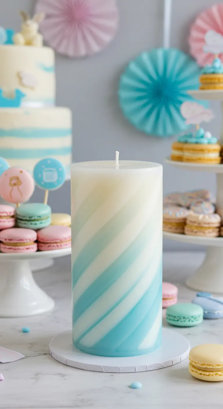 Vela cilíndrica con un patrón de espiral diagonal en tonos blanco y azul pastel.