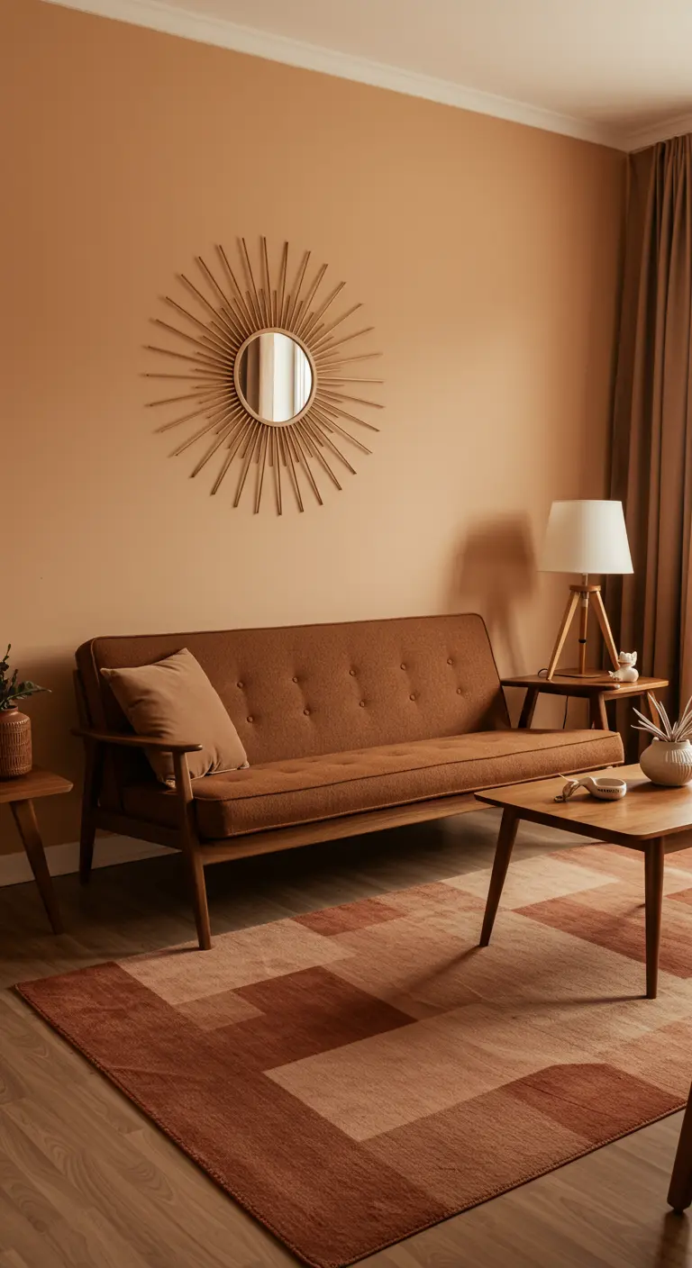Sala de estar de estilo retro en tonos caramelo con un sofá Mid-Century y un espejo sol.