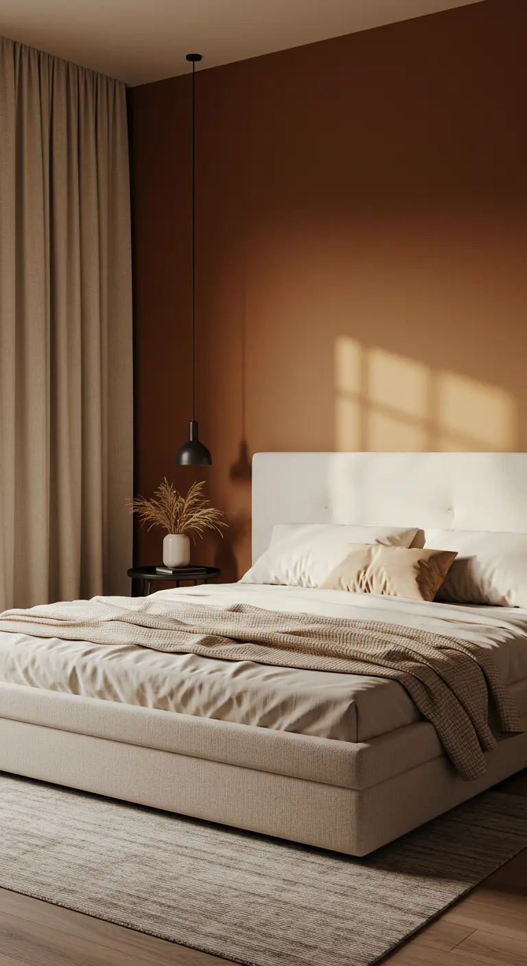 Dormitorio con pared de acento color caramelo y cama tapizada en tonos crema.