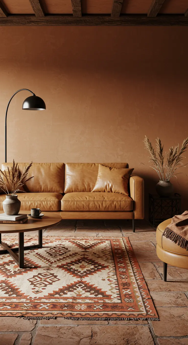 Sala de estar de estilo bohemio en tonos caramelo con sofá de cuero y alfombra tribal.