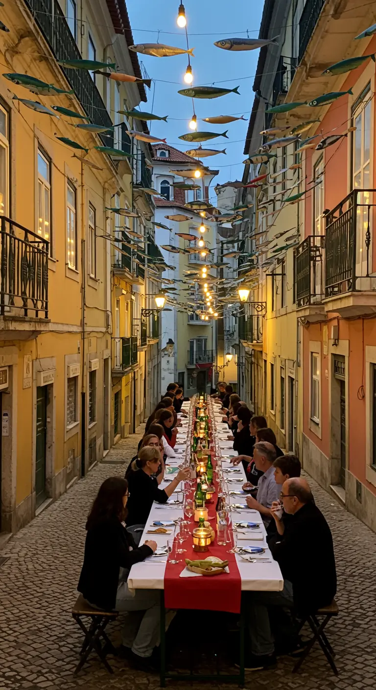 Calle estrecha y empedrada con una mesa larga para cenar y guirnaldas de sardinas de papel colgando.