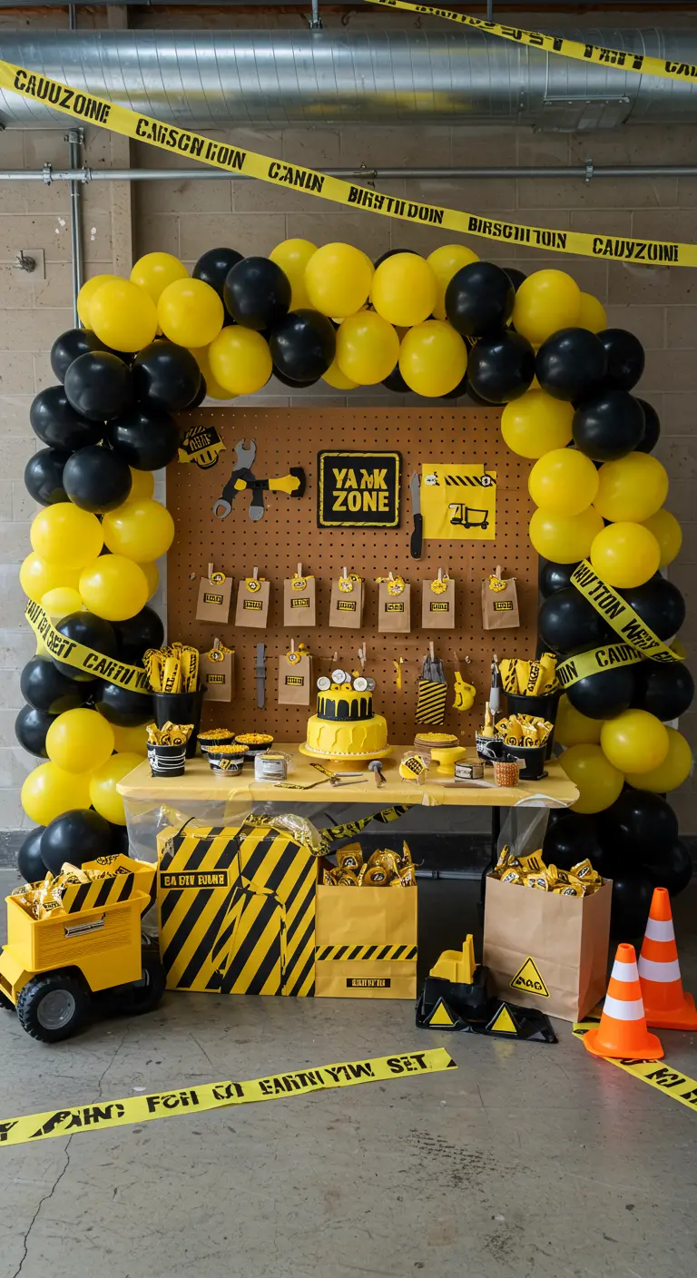 Mesa de cumpleaños temática de construcción con globos negros y amarillos y bolsas.