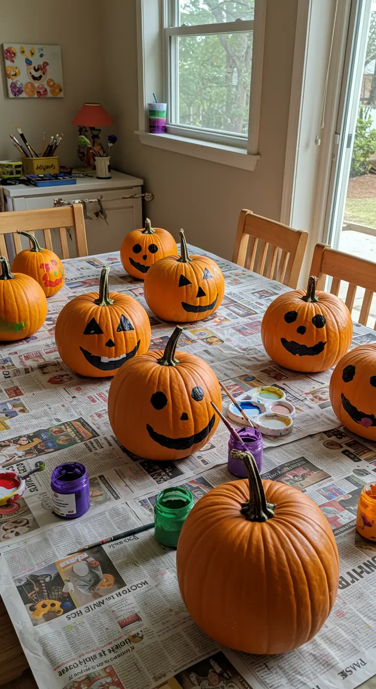 Mesa de comedor cubierta de periódicos con calabazas pintadas con caras de Jack-o'-lantern y botes de pintura.