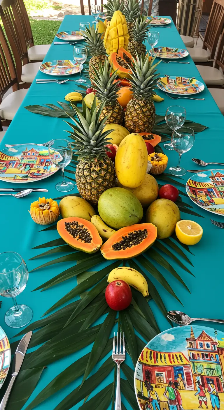 Mesa larga con mantel turquesa y un camino central de piñas, papayas y hojas tropicales.