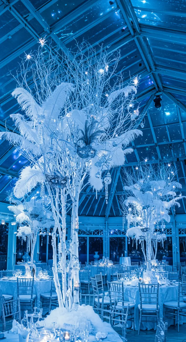 Un invernadero de cristal decorado como un palacio de hielo con árboles blancos, plumas y luces azules.