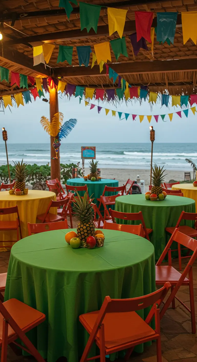 Mesas redondas con manteles verdes y amarillos y piñas como centros de mesa en la playa.