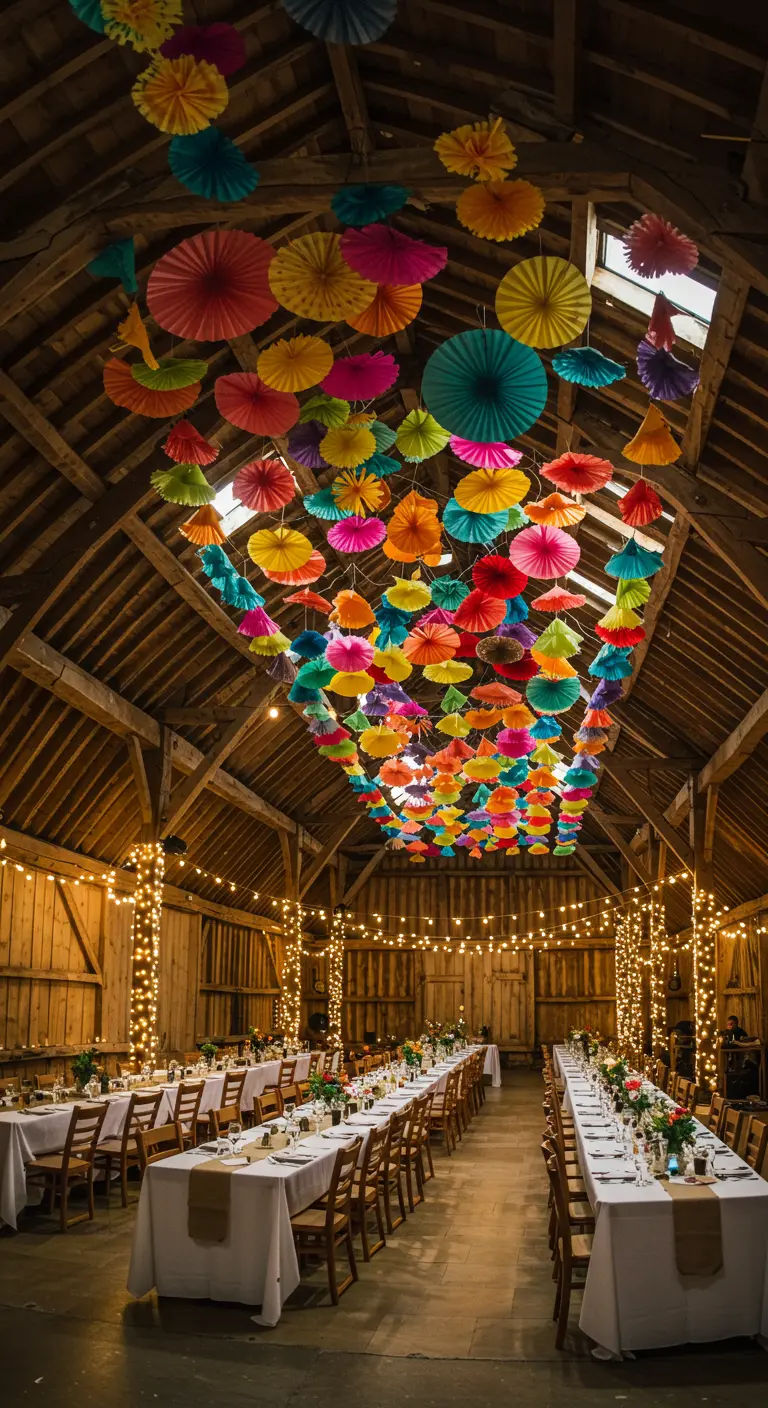 Techo de un granero rústico decorado con cientos de abanicos de papel de colores vivos.