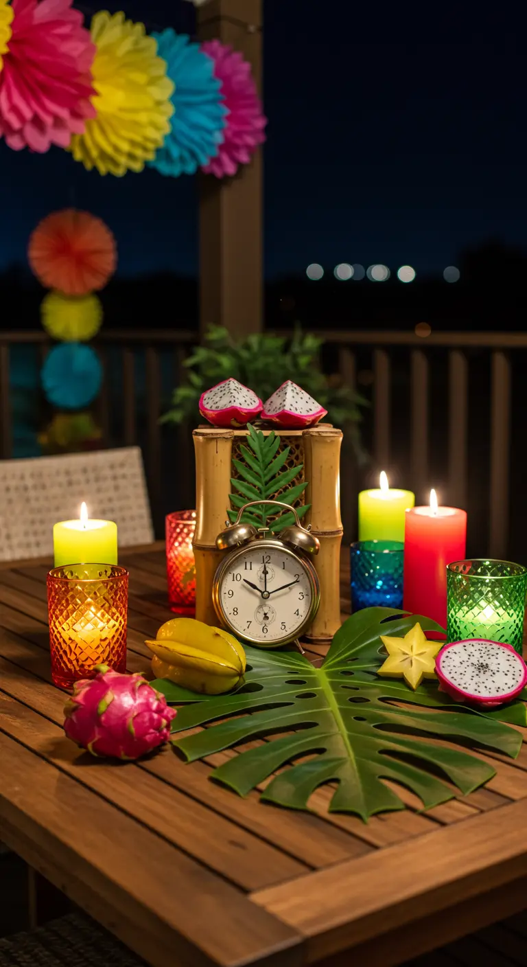 Centro de mesa tropical con un reloj, frutas exóticas, hojas de monstera y velas de colores.
