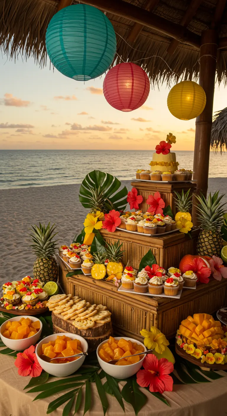 Mesa de dulces tropical en la playa al atardecer, con piñas, flores y lámparas de papel.