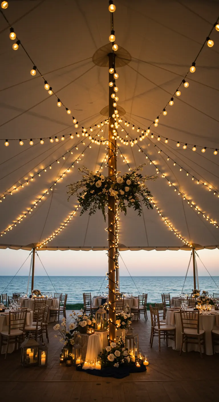 Interior de una carpa de boda junto al mar, con luces que irradian desde el poste central.