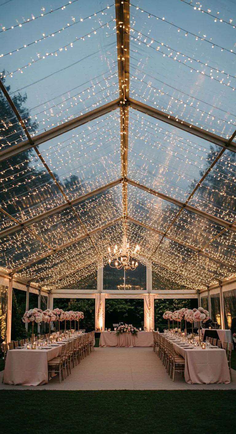 Boda elegante en una carpa transparente con el techo completamente cubierto de luces cálidas.