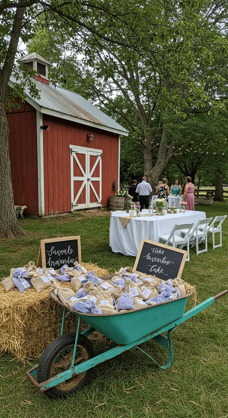 Carretilla turquesa llena de bolsitas de lavanda sobre heno en una boda en el campo.