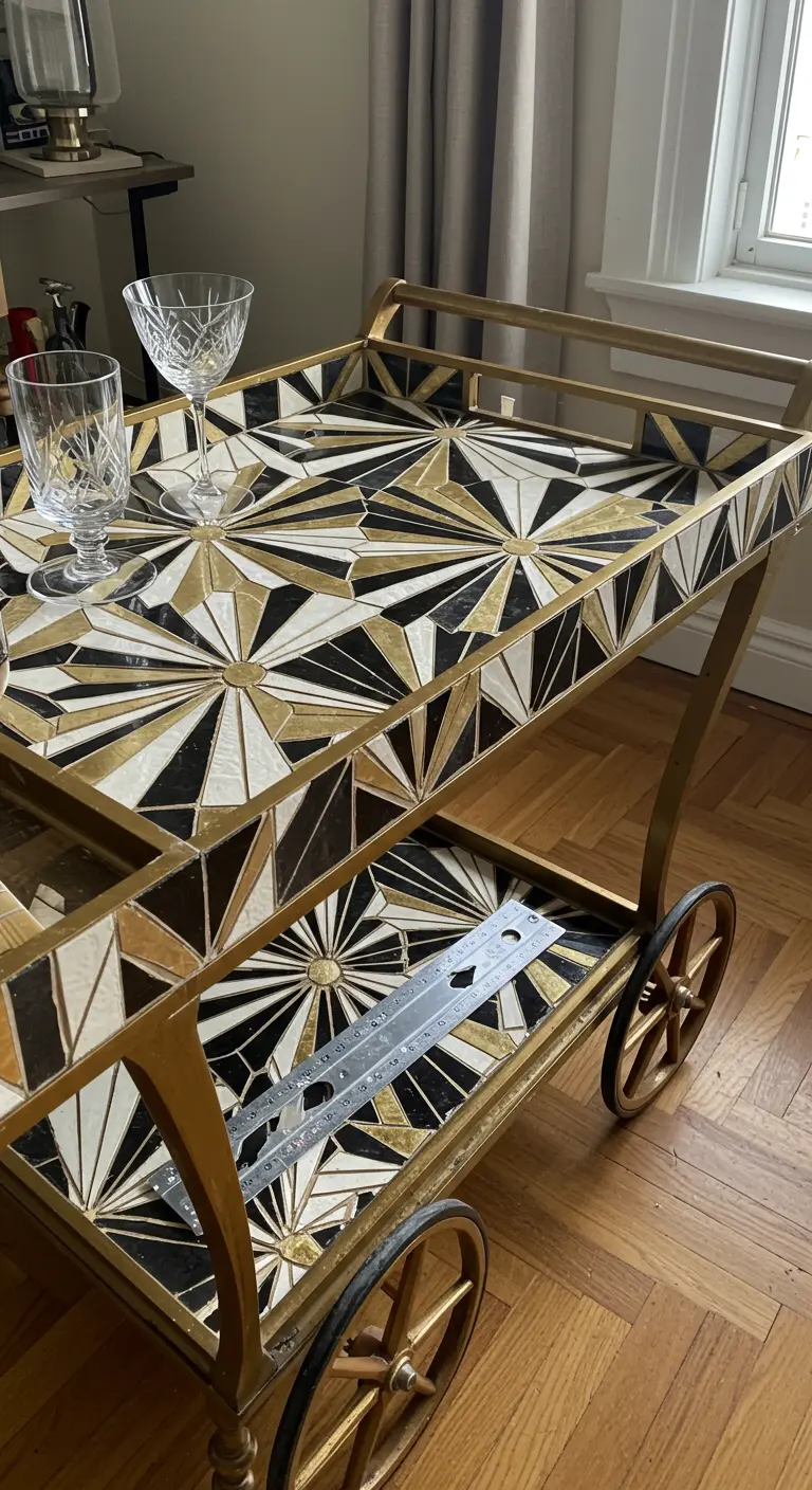Carrito de bar dorado con bandejas cubiertas por un complejo mosaico Art Déco en negro, blanco y dorado.