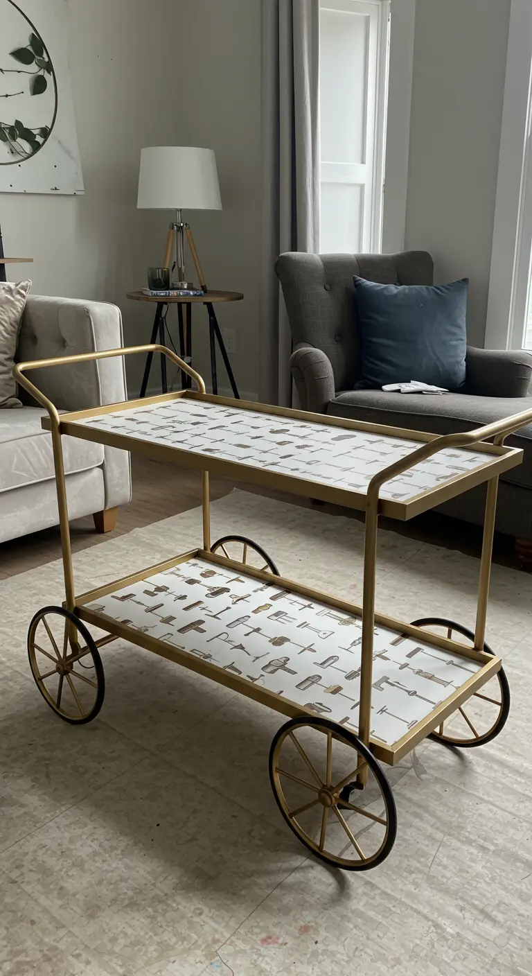 Carrito de bebidas dorado de estilo vintage con las bandejas forradas en un papel blanco con un patrón de herramientas de dibujo.