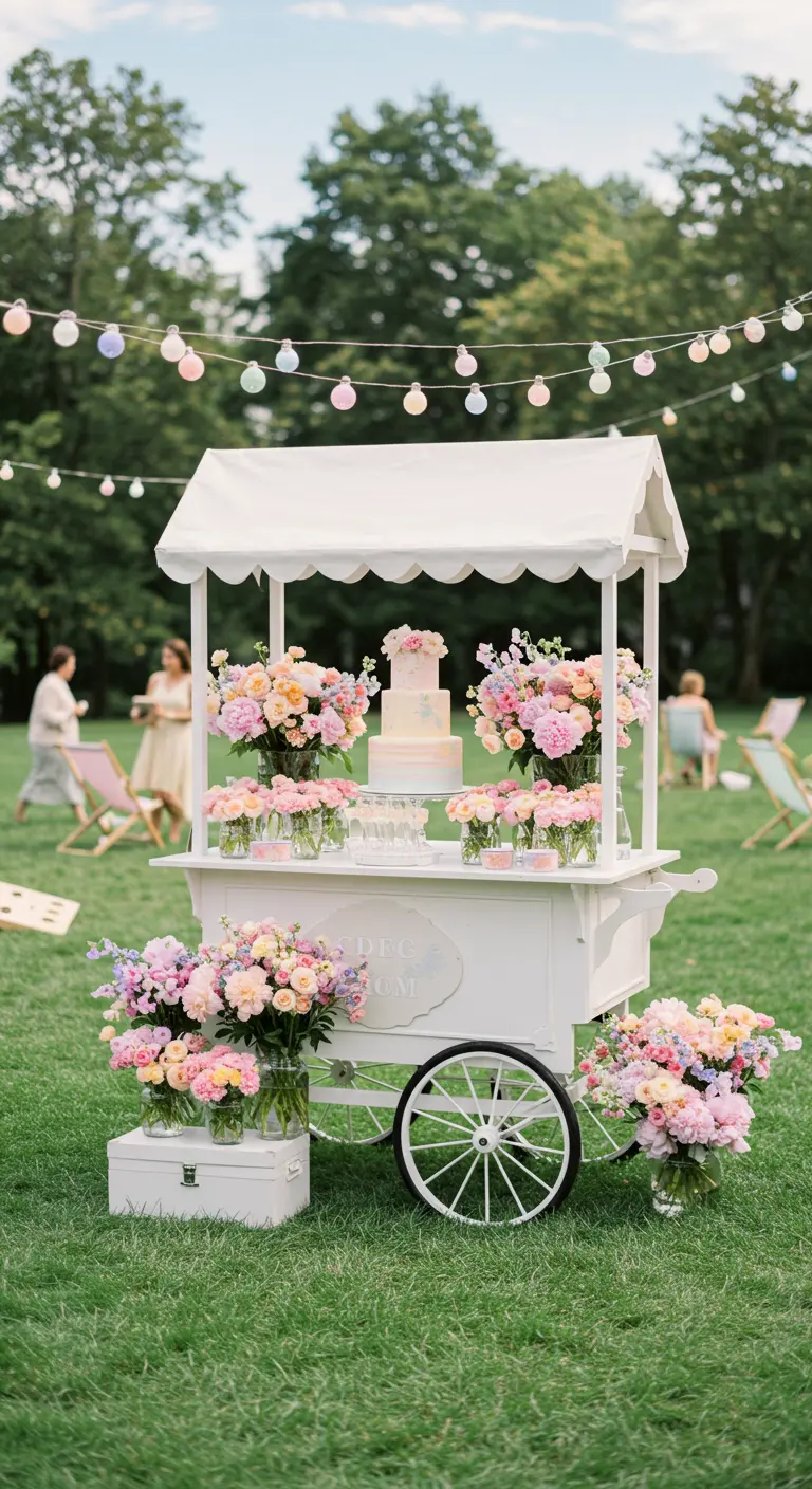 Carrito blanco de estilo vintage en un jardín, lleno de arreglos de peonías y rosas en tonos pastel.