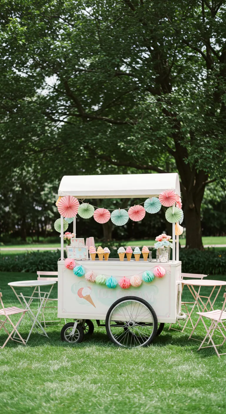 Carrito de helados blanco decorado con pequeñas guirnaldas de papel en tonos pastel.