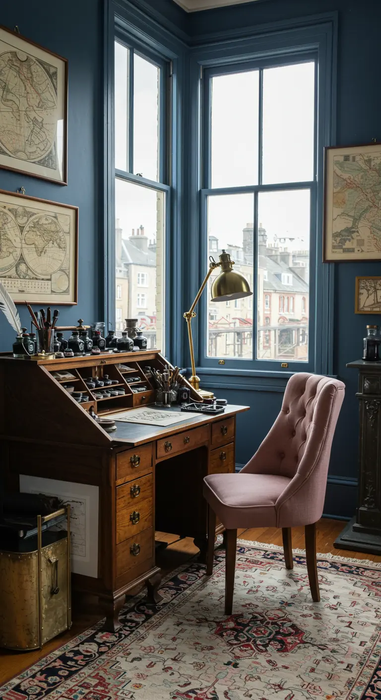 Rincón de escritura con paredes azules oscuras, un escritorio de madera antiguo y mapas enmarcados.