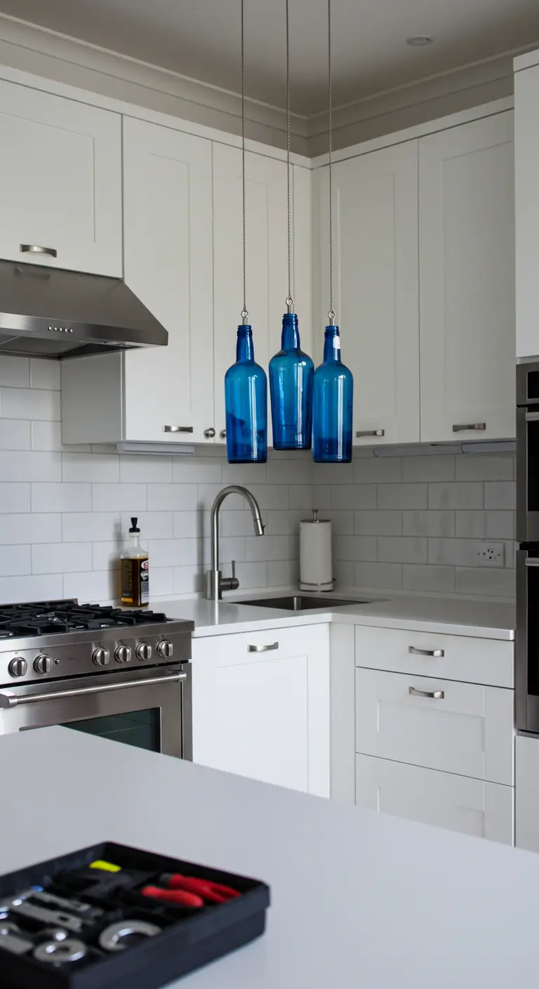 Tres lámparas de botella azul colgando a diferentes alturas en una cocina blanca y moderna.
