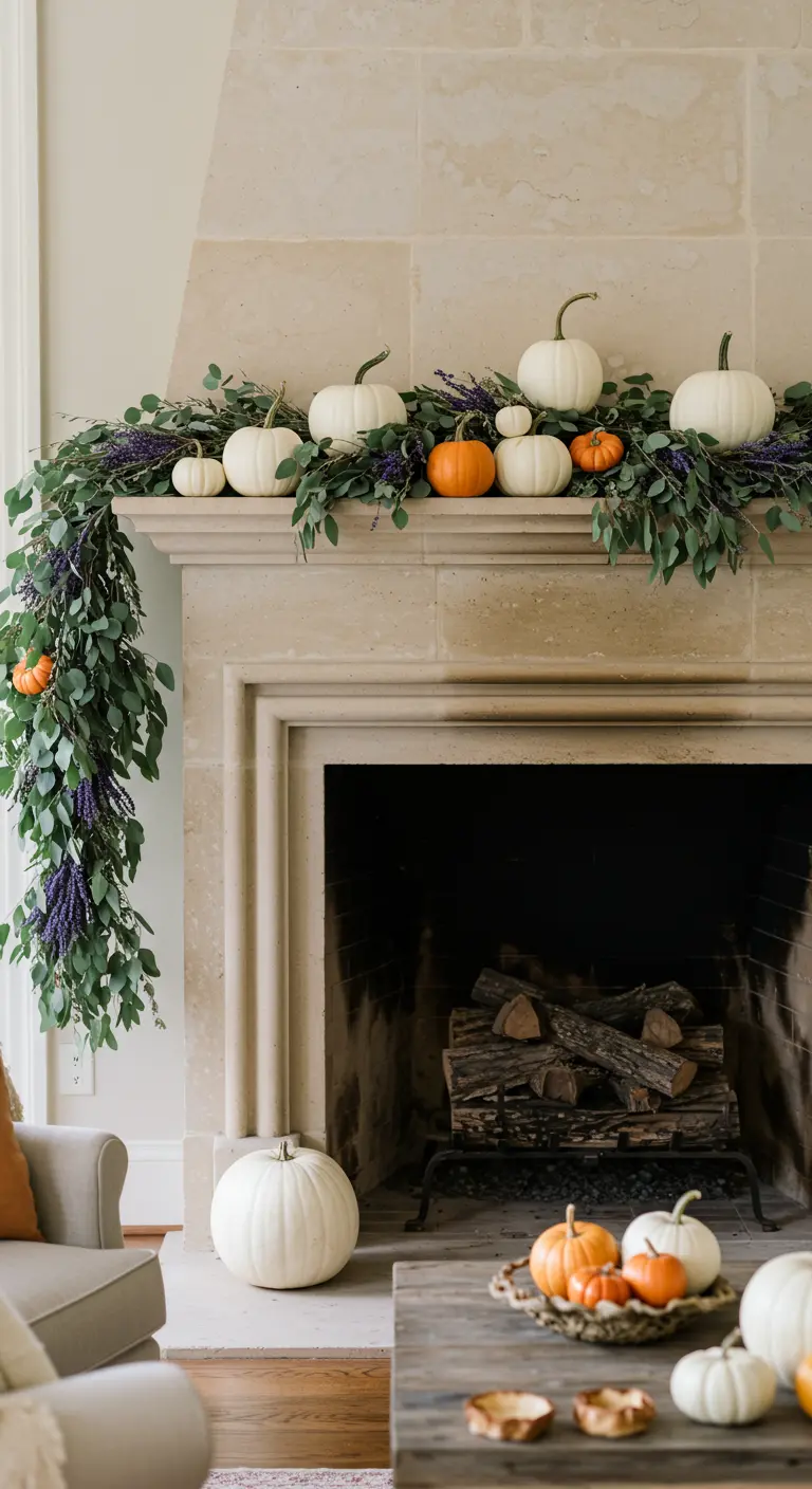 Chimenea de piedra caliza con una exuberante guirnalda de eucalipto y lavanda que cae por un lado.