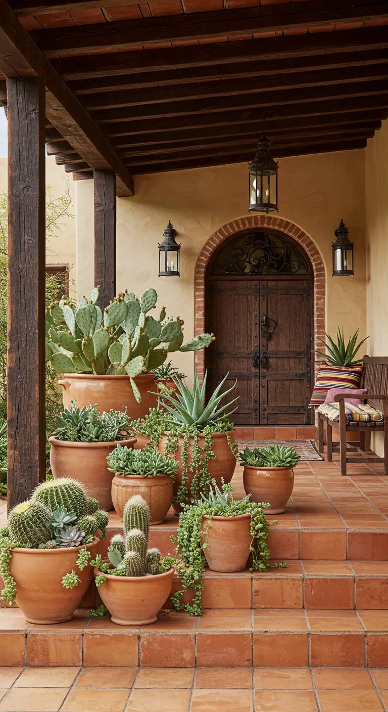 Porche rústico con escaleras repletas de macetas de terracota con cactus y suculentas