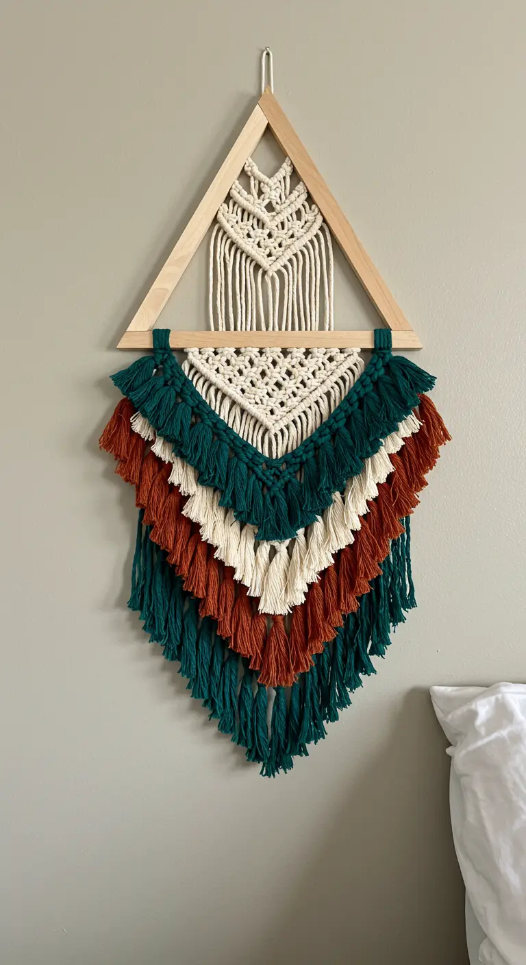 Colgante de pared de macramé en un marco triangular con borlas en capas de colores verde, crudo y teja.