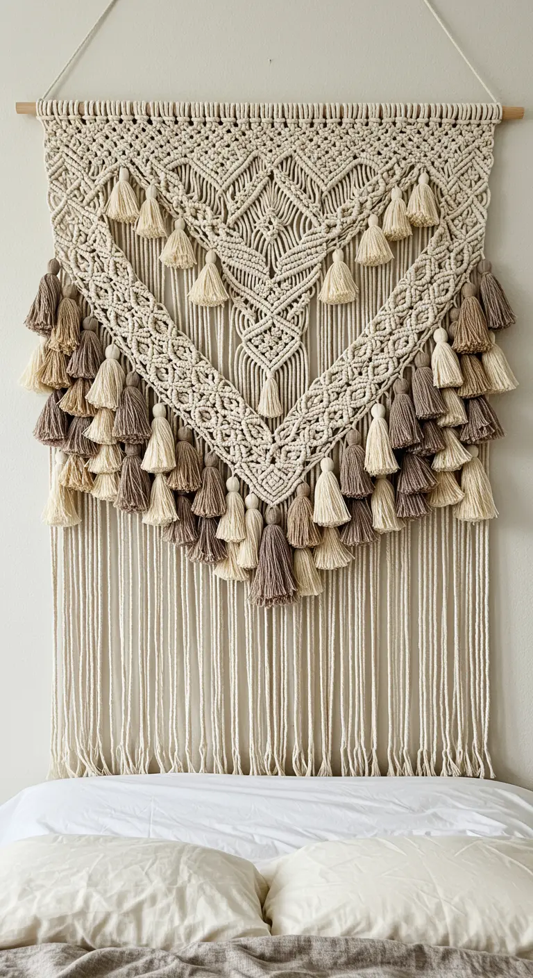 Cabecero de macramé en forma de V decorado con múltiples borlas en tonos neutros.