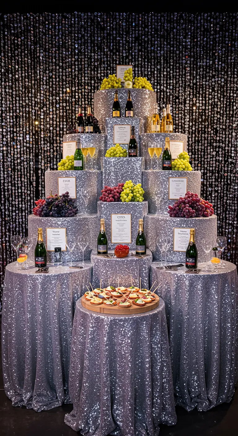 Exhibidor de varios niveles con botellas de cava, uvas y manteles de lentejuelas plateadas.