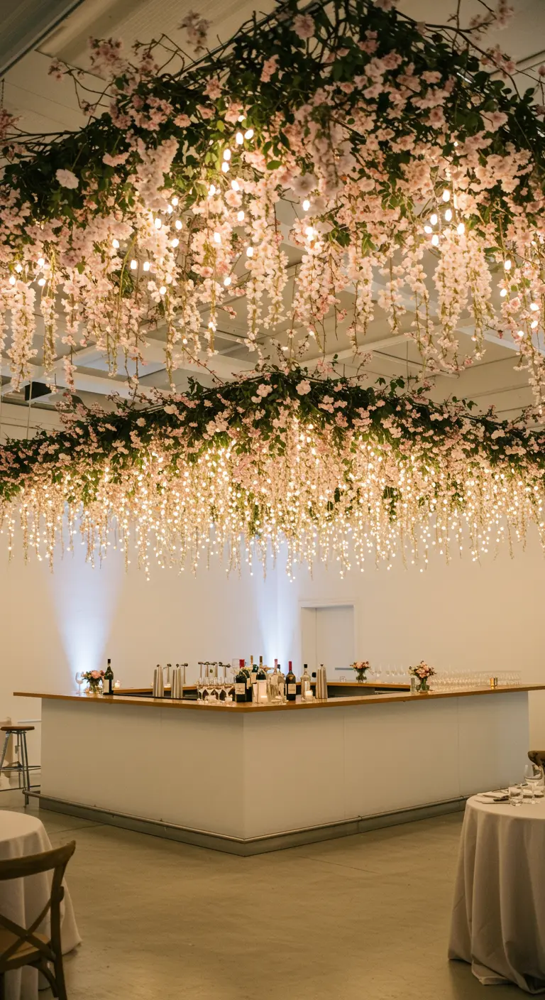Techo completamente cubierto con flores de cerezo rosas y una cascada de luces de hadas sobre una barra.
