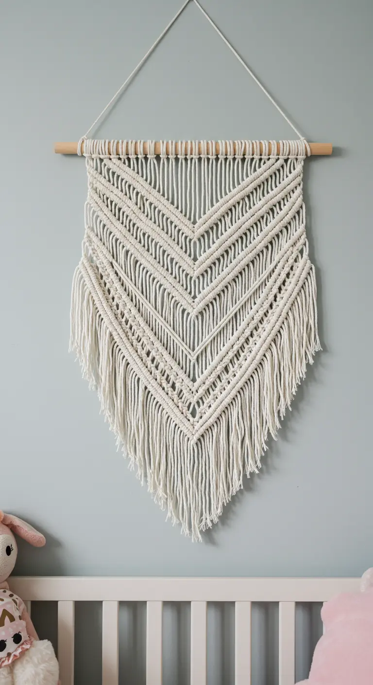 Tapiz de macramé blanco con un patrón de cheurones repetidos, colgado sobre una cuna.